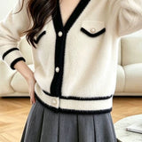 Exquisite Elegant V‑Neck Color‑Block Long‑Sleeve Knit Cardigan