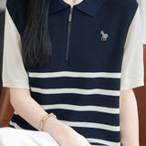 Elegant Commuter Half-zip Stripe Short Sleeve Knit Top