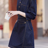 Casual Lapel Waist-Tied Long Sleeve Denim Dress