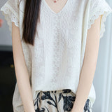 Fresh V-Neck Jacquard Ruffled Blouse