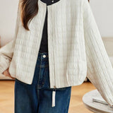 Casual Long Sleeve Quilted Plaid Coat With Round Neck