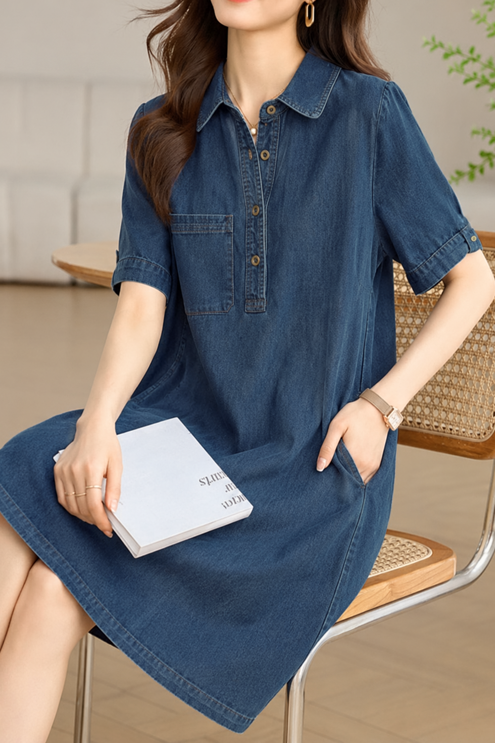loose denim dress Casual Lady Midi Denim A-Line Dress Loose Button Korean Jean Dress Fashion Retro