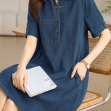 Casual Lapel Half Placket Loose Denim Dress