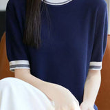 Elegant Commuter Contrast Double Stripe Crew Neck Short-Sleeve Knit T-Shirt