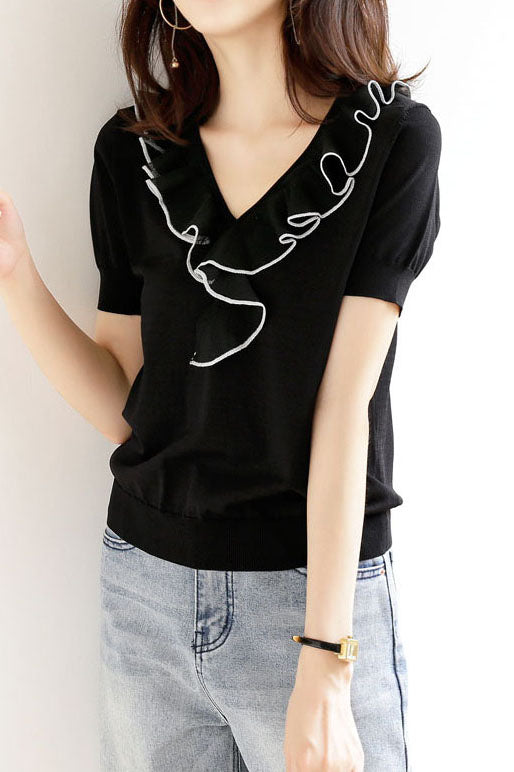 Vネックバイカラーラッフル装飾ニットトップス　2色入 - liwisi