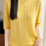 Elegant Commuter Crew Neck Cable Knit Pullover Five-Quarter Sleeve Top