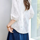 Exquisite Elegant V-Neck Embroidered Hollow-Out Short-Sleeve Blouse