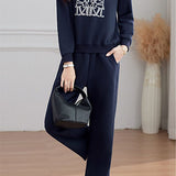 Casual Fake Lapel Printed Sweatshirt & High Waist Elastic Wide Leg Pants Set
