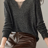 Exquisite Elegant V-Neck Glitter Lurex Long Sleeve Knit Top