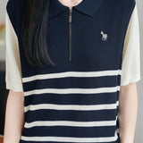 Elegant Commuter Half-zip Stripe Short Sleeve Knit Top