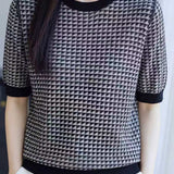 Elegant Crew Neck Color Block Plaid Knit Top