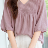 Casual Accordion Pleat V-Neck Cotton Linen Top