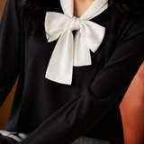 Elegant Knit Top With Contrast Bow Collar