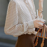 Elegant Office Stand-Collar Polka-Dot Pleated Puff-Sleeve Blouse - liwisi