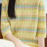 Exquisite Commuter Diamond Hollow Jacquard Crew Neck Elbow Sleeve Knit Top