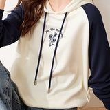 Cuffed Bi-Color Embroidered Drawstring Hooded Sweatshirt