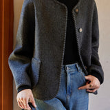 French Vintage Binding Round Neck Single Breasted Long Sleeve Wool Coat