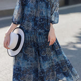 Elegant Gathered Crew Neck Printed Three-Quarter Sleeve Dress