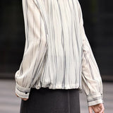 Casual Commuter Color‑Block Lapel Long‑Sleeve Blouse With Vertical Stripe Print