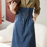 Notch Lapel Color Denim Contrast Drawstring Dress