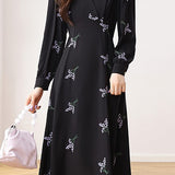 V-Neck Lavender Embroidered Tie Belted Dress