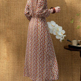 Vacation Vintage Abstract Print Tie‑Waist Dress