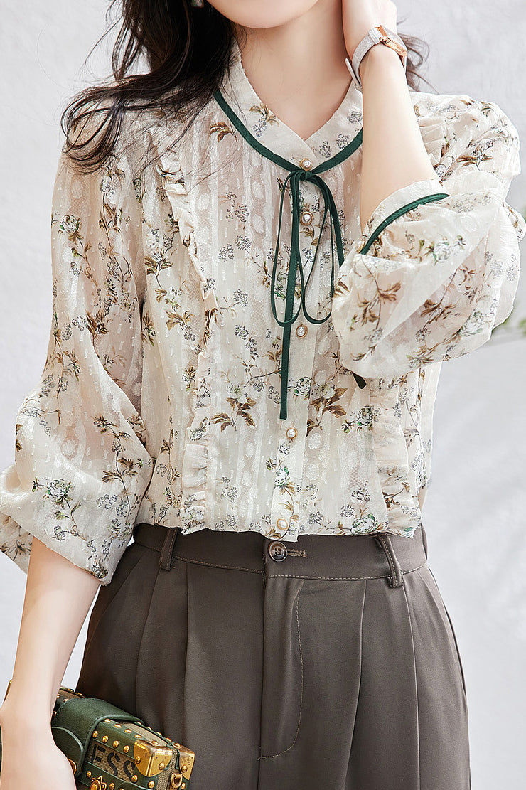 バンドカラー花柄ジャカード加工ブラウス - liwisi