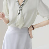 Skipper Collar Logo Striped Scarf Decor Satin Blouse
