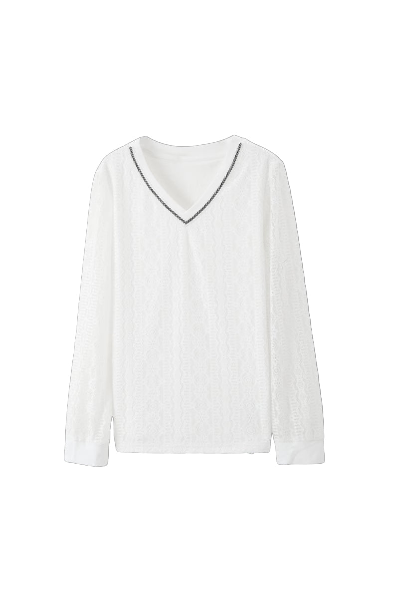 Vネックテープ装飾レース切替Tシャツ - liwisi