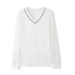 Vネックテープ装飾レース切替Tシャツ - liwisi
