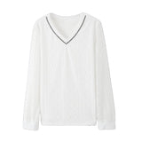 Vネックテープ装飾レース切替Tシャツ - liwisi