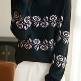 Casual Vintage Hot‑Fix Rhinestone Floral Jacquard Sweater