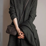 Elegant Commuter Crew Neck Long‑Sleeve Tie‑Waist Base Knit Midi Dress