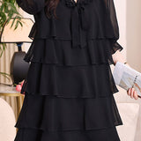 Exquisite Elegant V-Neck Chiffon Long-Sleeve Tiered Dress