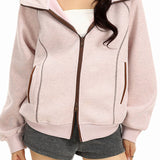 Casual Color Contrast Stitched Hooded Zipper Long Sleeve Coat