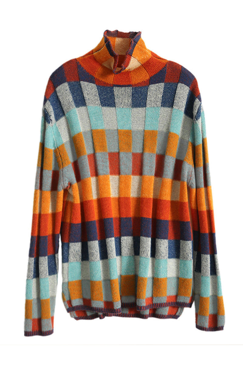 Turtle Neck Check Knit Top - liwisi