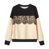 Round Neck Bi-Color Embroidered Lace Decor Sweatshirt