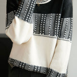 Casual Retro Geometric Jacquard Color‑Block Knit Sweater
