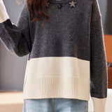 Casual Star‑Decorated Color‑Block Slit Knit Sweater