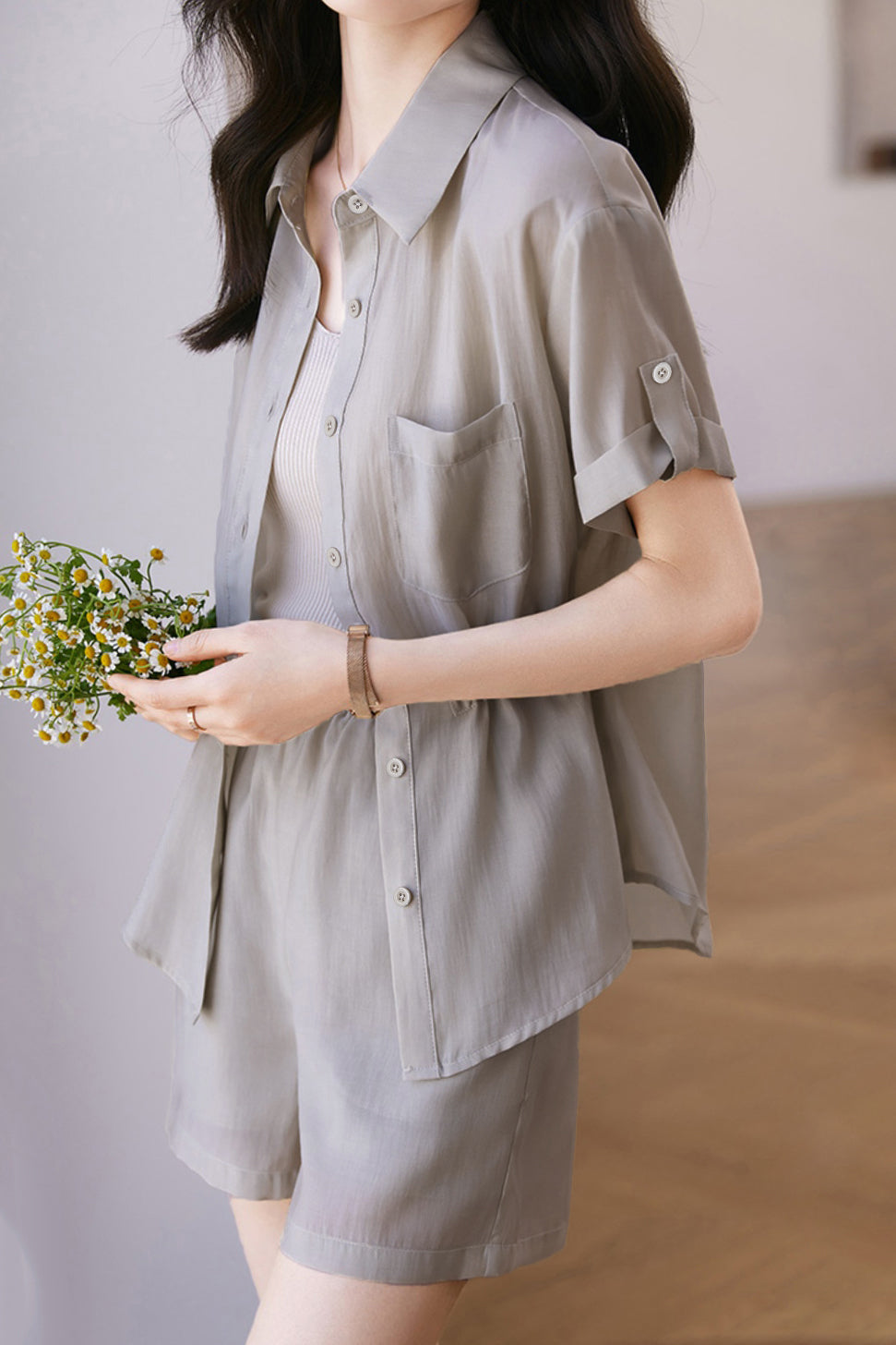 二点セット　ドローストリングシンプルシャツ＋サイドポケットシンプルショートパンツ　裏地付 - liwisi