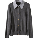 Layered Look Shirt Collar Striped Contrast Knit Cardigan - 3 Colors Available