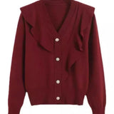 Elegant V-Neck Ruffle Decor Knit Top