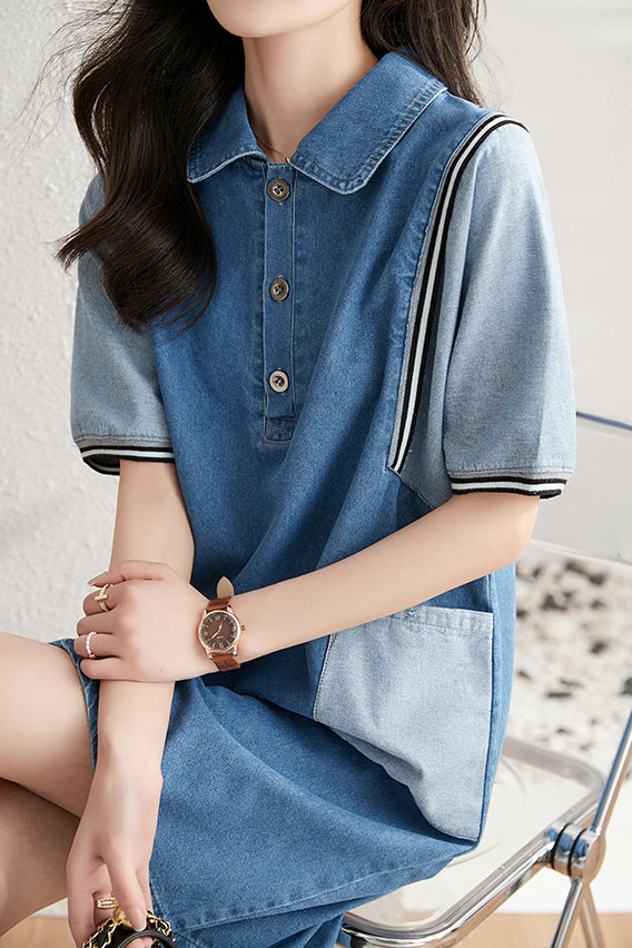 シャツカラー異色切替デニムシフトワンピース - liwisi