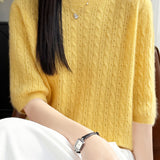 Elegant Commuter Crew Neck Cable Knit Pullover Five-Quarter Sleeve Top