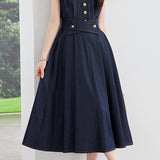 Casual Contrast Topstitch Waist-Cinched Denim Dress