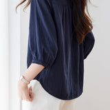 French Commuter Crew Neck Lace Trim Three-Quarter Sleeve Blouse