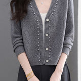 Exquisite Elegant V-Neck Rhombus Texture Beaded Knit Cardigan