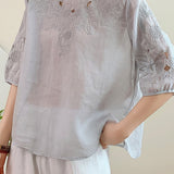Casual Ramie Embroidered Short Sleeve Shirt