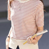 Casual Color Block Spliced Striped Short Sleeve T-Shirt