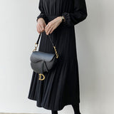 Round Neck Pleated Contrast Long Flare Dress - 4 Colors Available